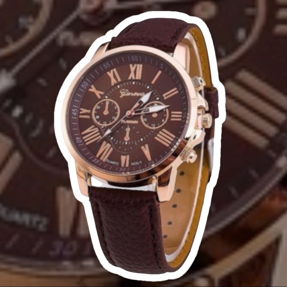 BROWN & ROSE GOLD GENEVA PLATINUM WRISTWATCH FOR WOMEN COPY PU LEATHER CASUAL